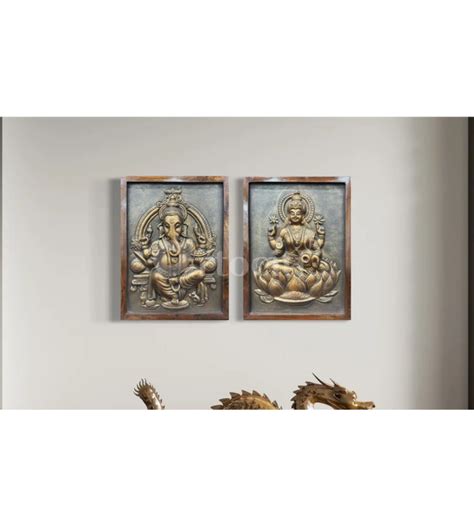 Buy Lord Ganesh & Goddess Laxmi Relief Mural Wall Art Set of 2 Online ...