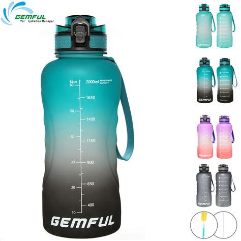 GEMFUL 2l Water Bottle with Time Marking and Straw 64 OZ Motivational ...