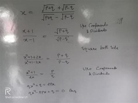 If: x=(√{p+q}+√{p-q})/(√{p+q}-√{p-q} then find the value of qx^2-2px+q ...