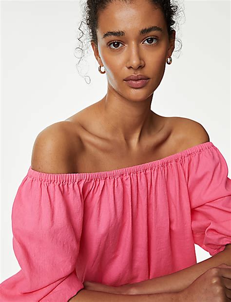 Buy Linen Rich Bardot Puff Sleeve Blouse at Marks & Spencer