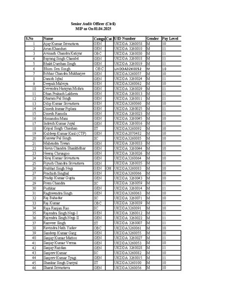 Employee List for Senior Audit Officer (Civil) MIP as of 01.04.2025 ...