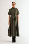 Buy Green Cotton Twill Embroidery Stitchline Thread Spread Collar Dress ...