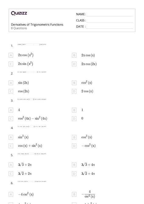 50+ derivatives of trigonometric functions worksheets on Quizizz | Free ...