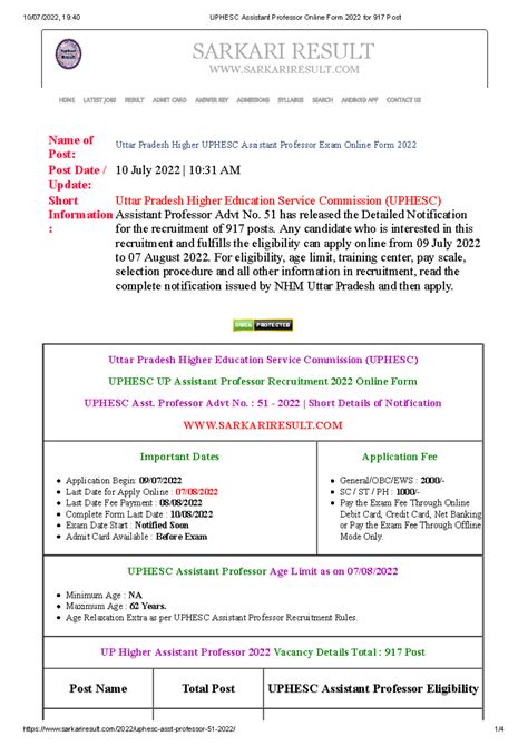 Uphesc Assistant Professor Online Form 2022 for 917 Post - 10/07/2022 ...