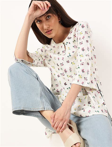 Buy Linen Mix Floral Mandarin Collar Tunic at Marks & Spencer