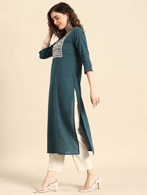 Women Teal Blue Embroidered Yoke Desgin Straight Kurta – Nayo Clothing