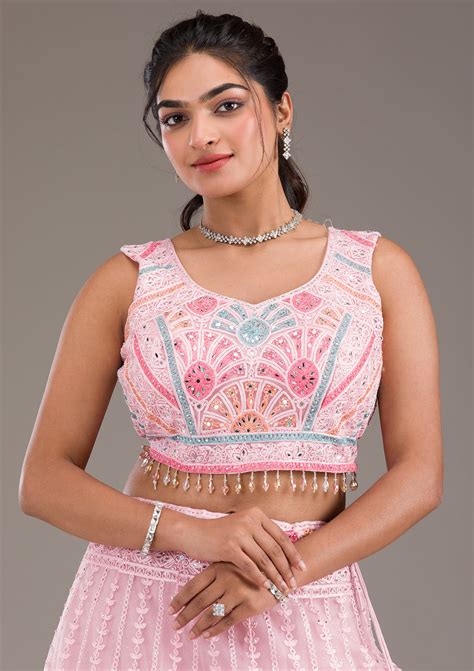 Buy Baby Pink Silver Zariwork Net Readymade Lehenga - Koskii