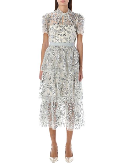 Self-Portrait Sequin Tiered Midi Dress in White | Lyst
