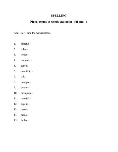 Plural forms of words ending in -ful and -o worksheet | Live Worksheets