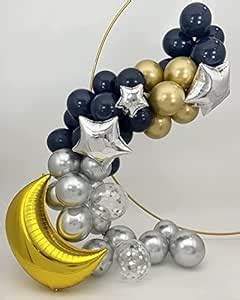 Lazybeee 50 pcs Black Silver Gold Moon and Star Balloons Bouquet ...