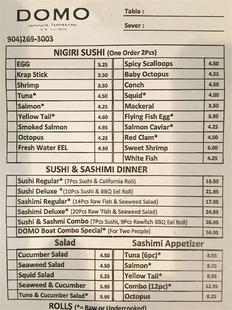 Menu at Domo Japanese Steakhouse & Sushi Bar, Fleming Island