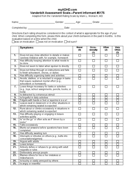 Vanderbilt Assessment Scale—Parent Informant #6175 | Attention Deficit ...