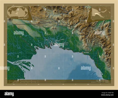 Gulf, province of Papua New Guinea. Colored elevation map with lakes ...