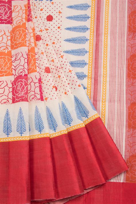 Off White Hand Block Print Dhaniakhali Cotton Saree With Satin Border ...