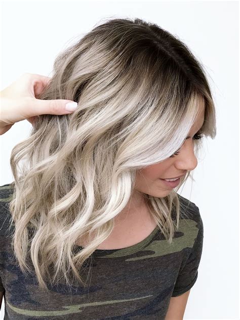 Ashy Blonde with Dark Shadow Root Lob | Dark roots blonde hair, Icy ...