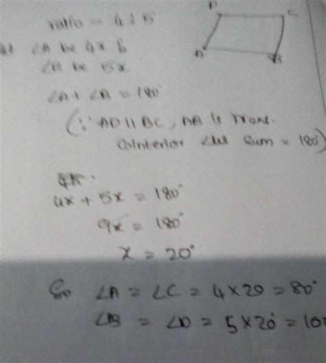 Two adjacent angles of parralellogram are in ratio of 4:5 find the ...