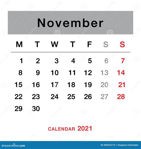 2021年11月规划日历 简单2021年11月日历 周从星期一开始 11月日历模板 向量例证 - 插画 包括有 商业, 例证: 200523712