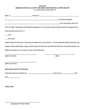Fillable Online funerals HAWAII DESIGNATION OF AGENT FOR BODY ...