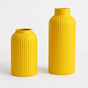 Buy Modern Ribbed Ceramic Vase, Set of 2, Yellow, Matte Finish, 20 cm ...