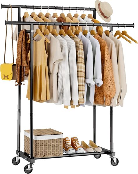 Double Rods Clothes Rack, Sturdy Rolling Clothing Rack, Portable ...