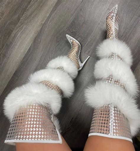 Jennifer Le White Fur Thigh High Boots | White thigh high boots, Heels ...