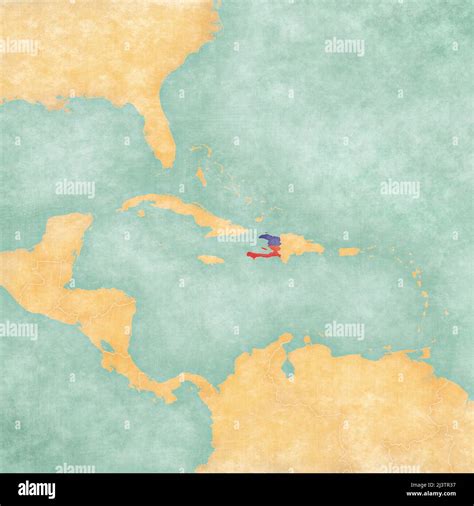 Haiti (Haitian flag) on the map of Caribbean and Central America. The Map is in vintage summer ...