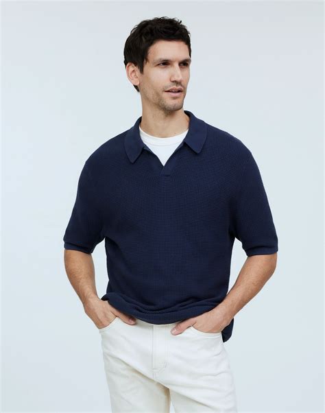 Johnny-Collar Sweater Polo Shirt in Waffle Knit