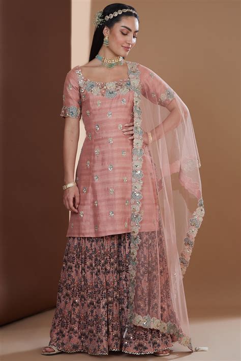 Rose Pink Silk Embroidered Short Kurta Sharara Set – Ivory by Dipika