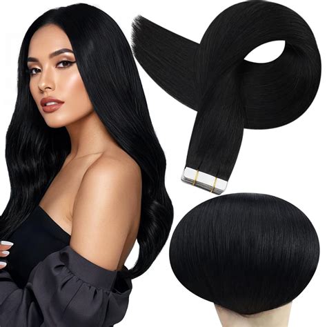 Amazon.com : Full Shine Black Tape in Hair Extensions Human Hair Remy ...
