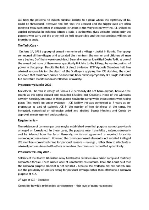 ICL Notes - JCE have the potential to stretch criminal liability, to a ...