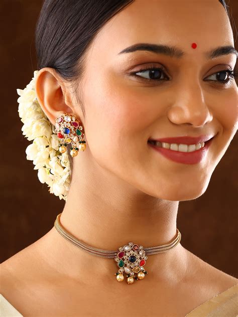 Navaratna Elegance Floral Attigai Pattern Gold Plated Necklace with Ea ...