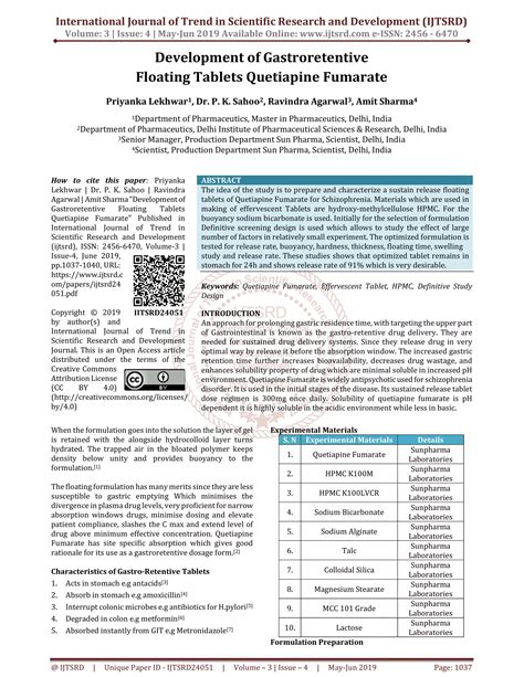 Development of Gastroretentive Floating Tablets Quetiapine Fumarate | PDF