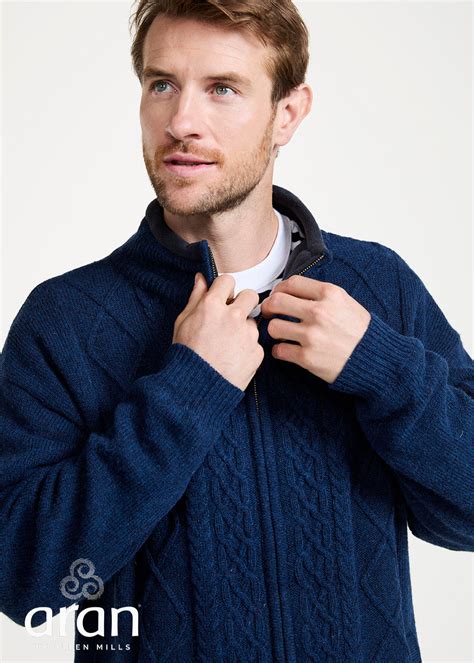 Men's Lined Wool Aran Cardigan Blue - Cable Knit Zip Sweater | Skellig ...
