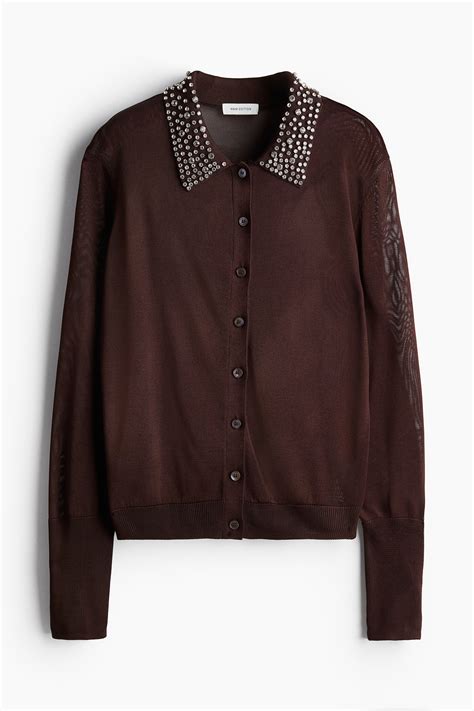 Rhinestone-embellished cardigan - Dark brown - Ladies | H&M GB