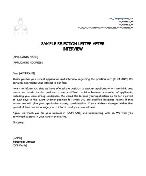 Rejection Letter After Interview Template