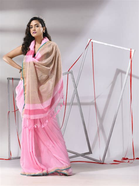 Baby Pink Cotton Saree With Dual Border – Charukriti