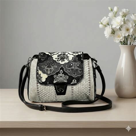 Kanirae Black & White Floral Sling Bag – Elegant Woven Crossbody with
