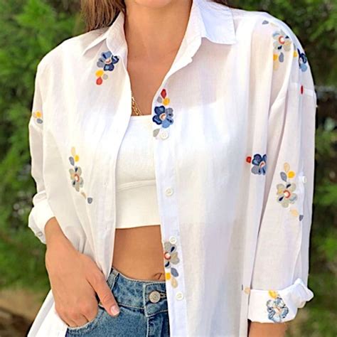 Women Floral Embroidery Shirt, Women Cotton Shirt, Casual Clothing ...