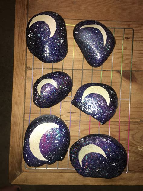 Galaxy Crescent Moon Painted Rocks