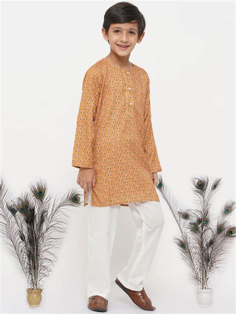 Boys Cotton Silk Floral Kurta with Pearl Buttons and Pyjama – Little Bansi