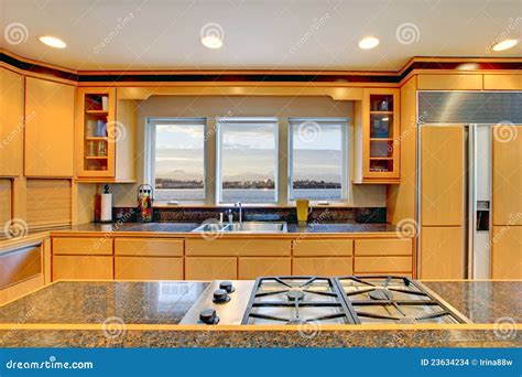 Large Luxury Modern Wood Kitchen Stock Photo - Image of ceiling ...