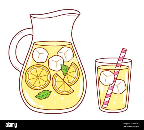 Lemonade pitcher and drinking glass with lemons and ice cubes. Cute ...