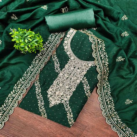 Graceful Green Floral Embroidered Vichitra Silk Dress Material Enhance