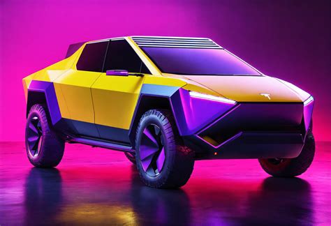 Lexica - Tesla cybertruck, side view, whole car, 4k, 3d render, purple yellow