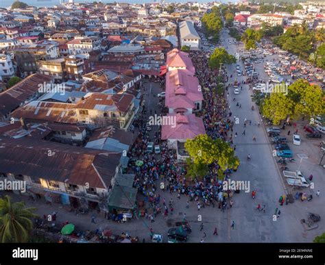 Aerial Shot of Crowded City Market in Stone Town, the Capital of Zanzibar, Tanzania. Active ...