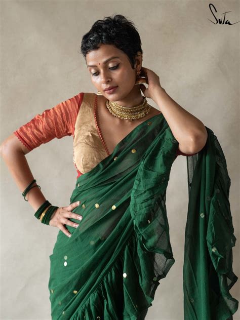 Mulmul Cotton Sequin Green Ruffle Saree|Eat Pray Love|Suta