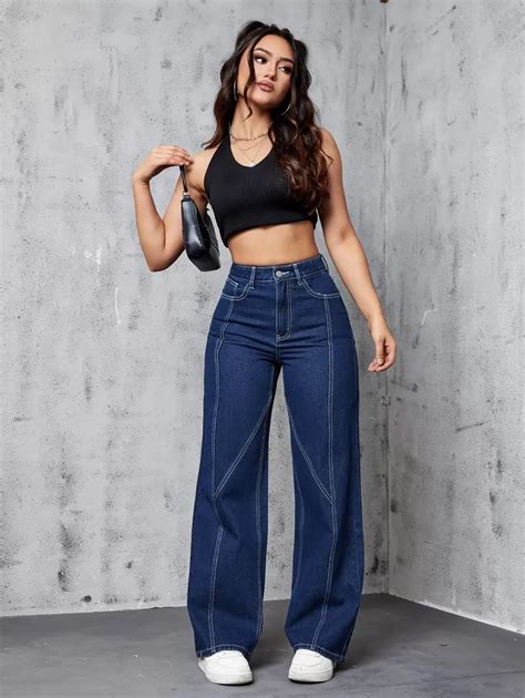 SHEIN EZwear Top-stitching Straight Leg Jeans | SHEIN USA