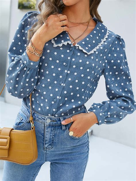 Polka Dot Print Guipure Lace Trim Blouse | Polka dot shirt outfit, Blue ...