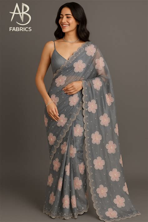 Elegant Charcoal Grey Organza Saree with Blush Pink Floral Work and Be ...
