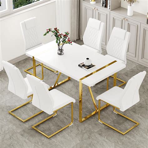 Amazon.com - 55‘’ Modern Dining Table Set for 6, White Dining Tabletop ...